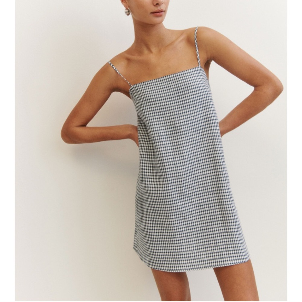 Reformation Aubree Linen Sleeveless Mini Dress in Slate Check, Size M-Fits Large